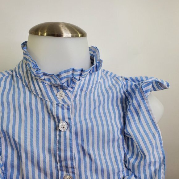 Love J Top S Stripe White Blue Ruffle Button Up Sl - Picture 3 of 10